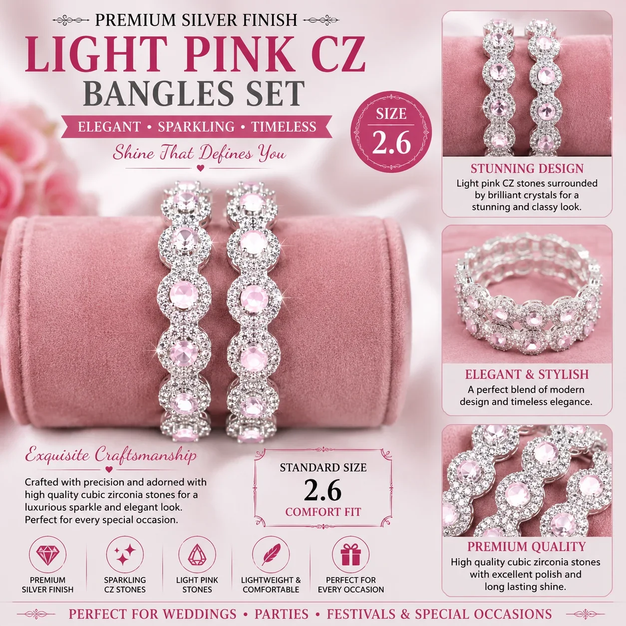 Luxury Light Pink CZ Bangles Set – Silver Finish | Size 2.6