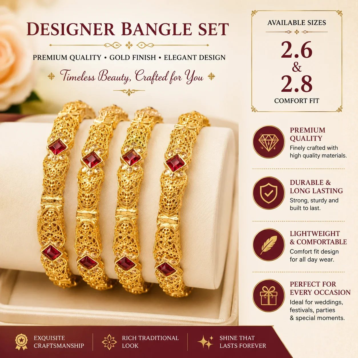 Luxury Gold Filigree Bangle Set – Ruby Stone Design
