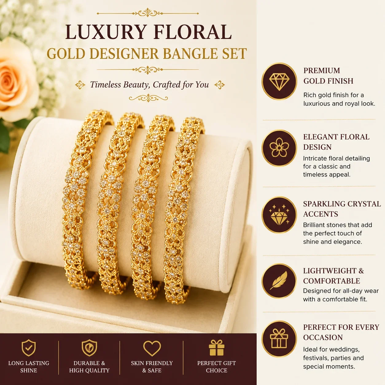 Luxury Floral Gold Designer Bangle Set