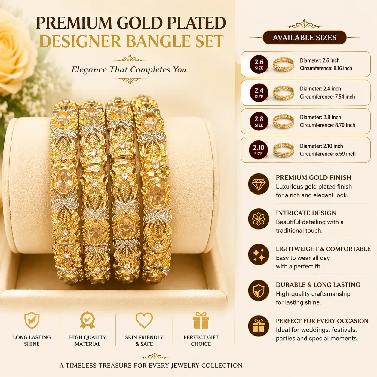 Luxury Gold Plated Crystal Designer Bangles Set