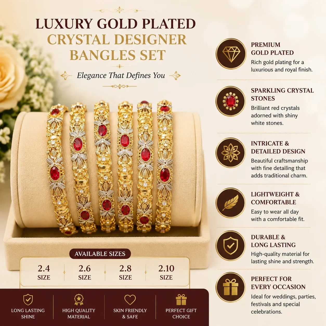 Elegant Ruby Stone Gold-Plated Bangles Set – Premium Traditional Design