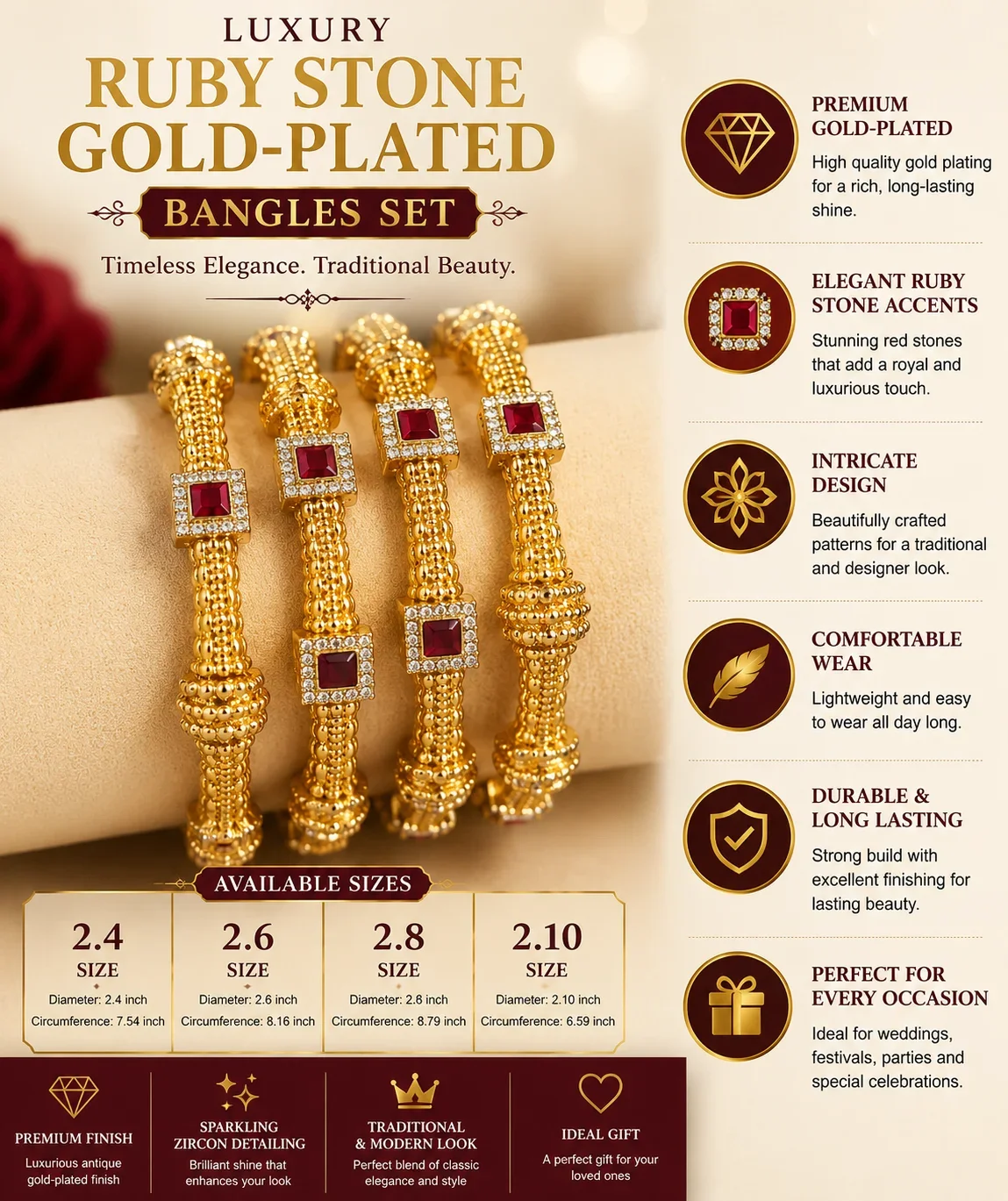 Luxury Ruby Stone Gold-Plated Bangles Set – Designer Traditional Bracelet Collection