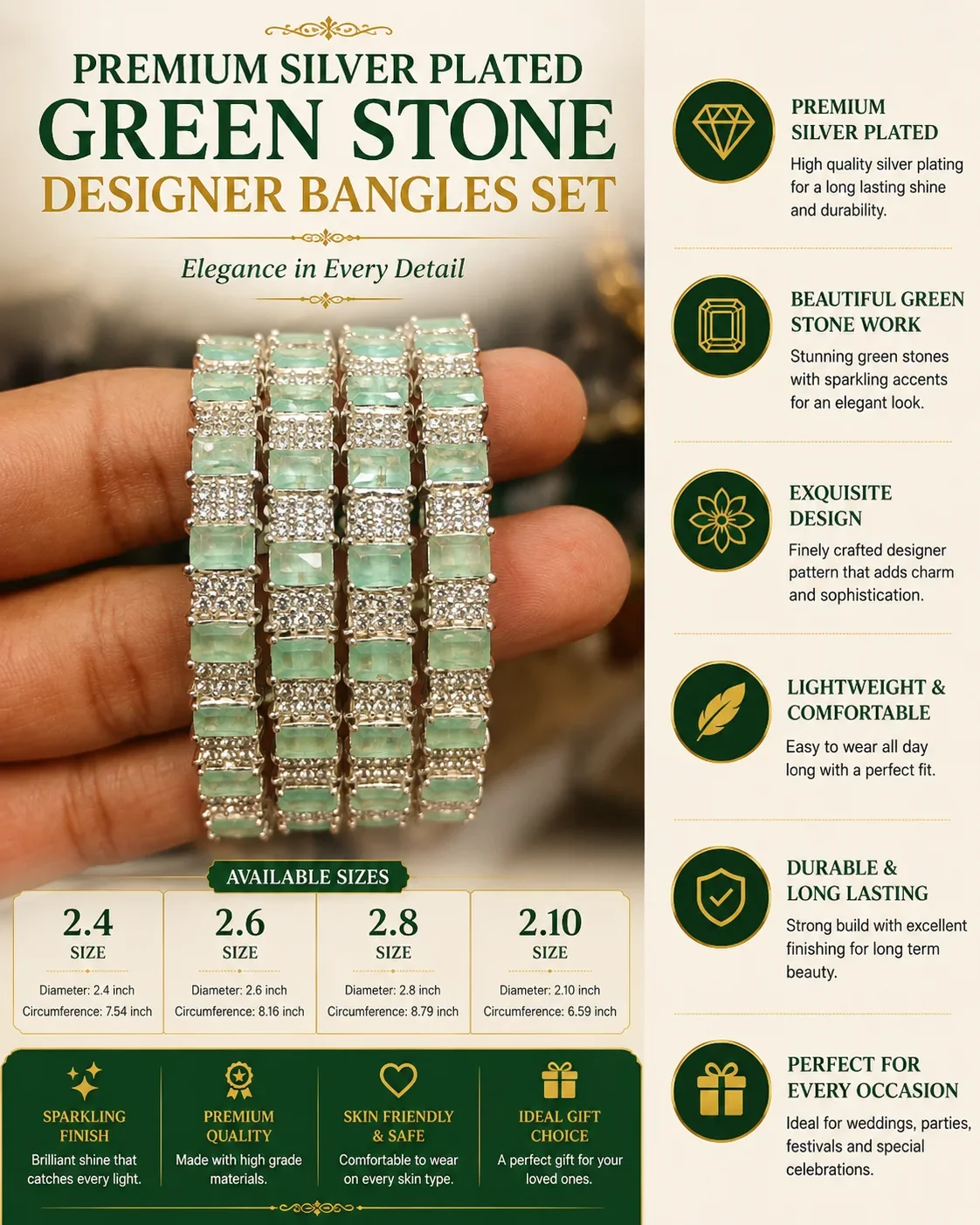 Premium Silver Plated Mint Green Stone Bangles Set