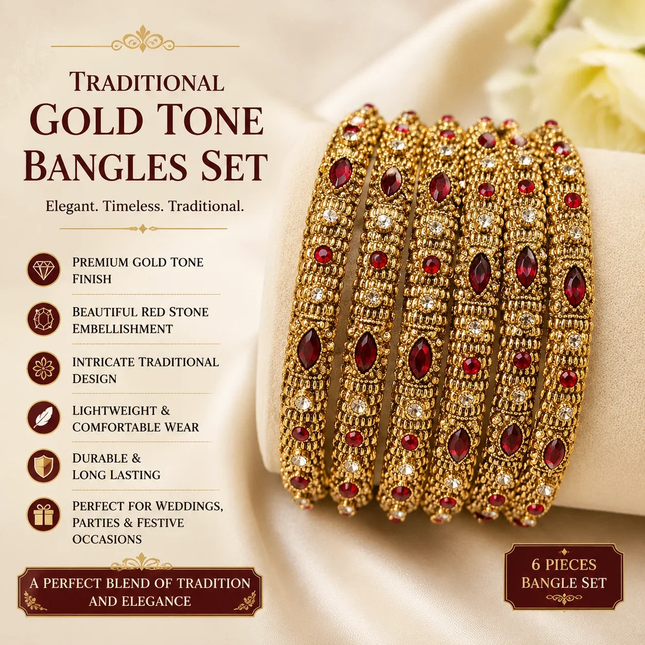 Luxury Red Stone Bangles Set – Traditional Gold Tone Designer Chooriyan (2 Pieces)