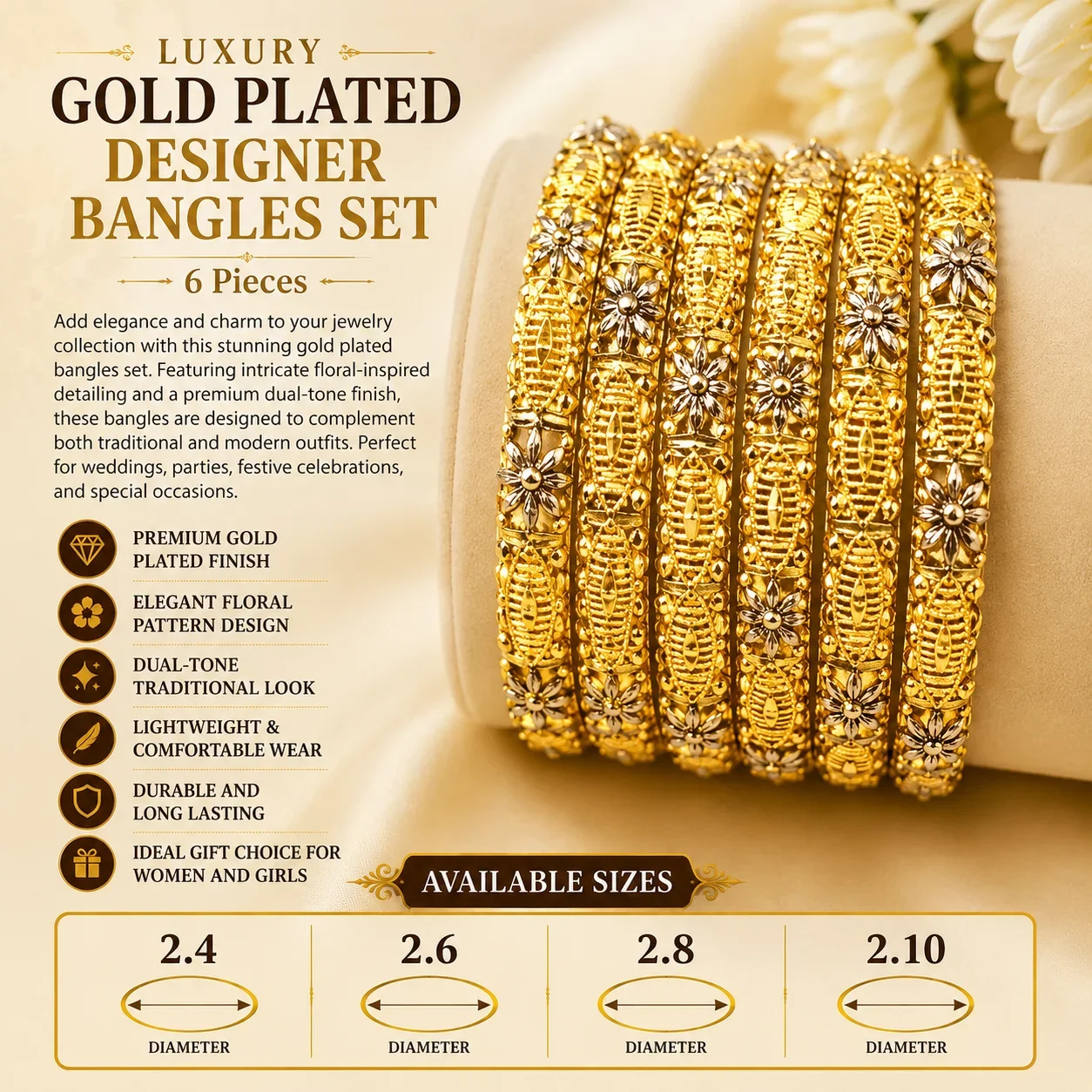 Luxury Gold Plated Designer Bangles Set – 2 Pieces