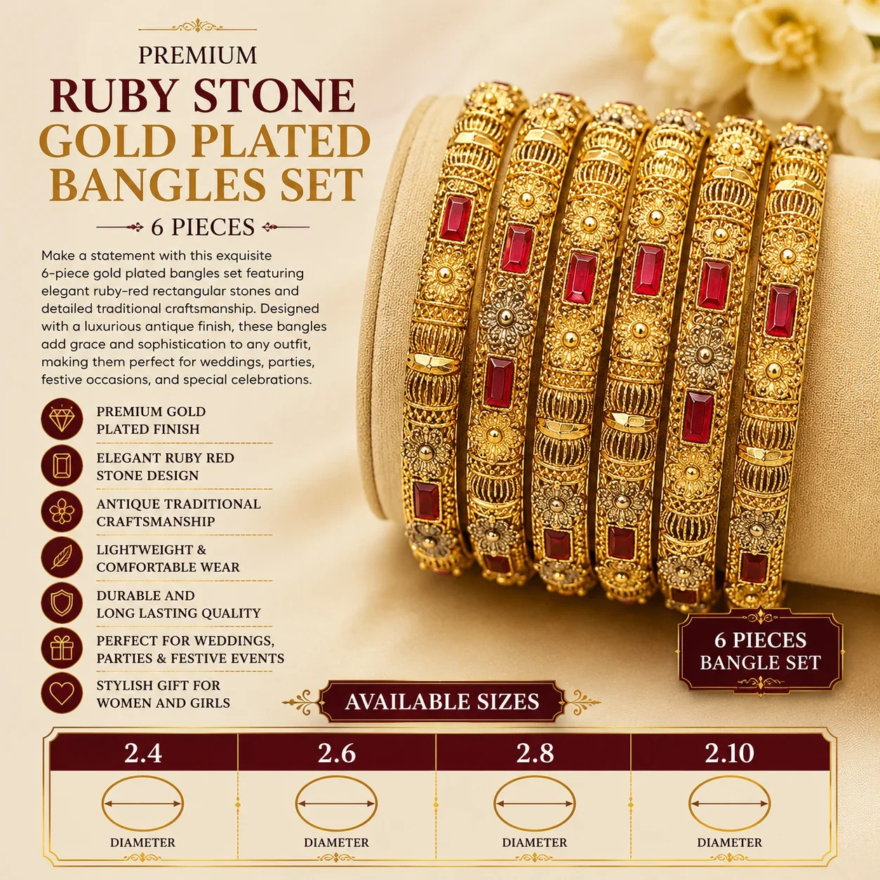 Premium Ruby Stone Gold Plated Bangles Set – 2 Pieces