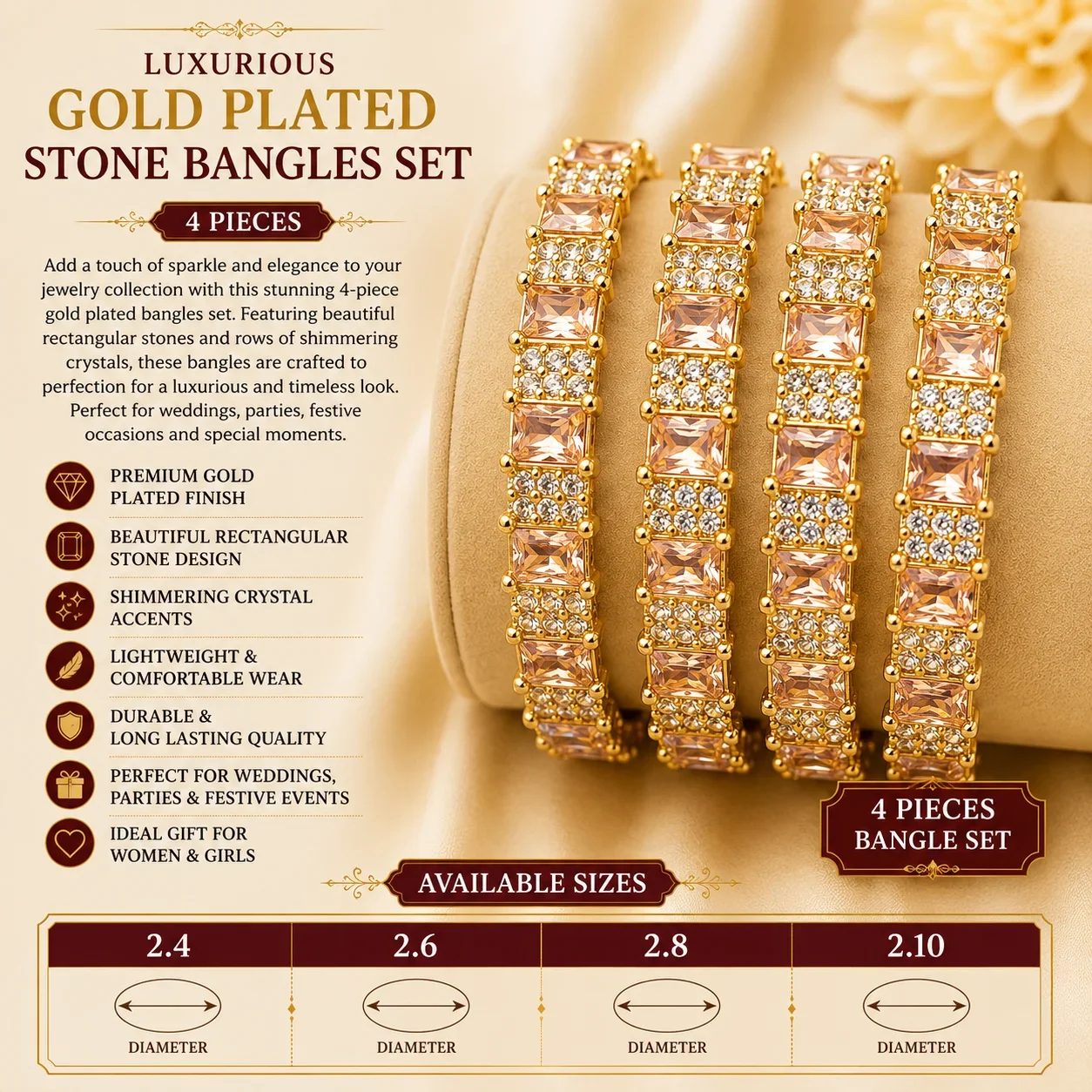 Luxury 2 Piece Crystal Stone Bangles Set – Gold Plated