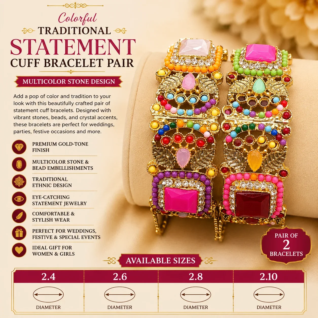 Colorful Traditional Statement Cuff Bracelet Pair – Multicolor Stone Design