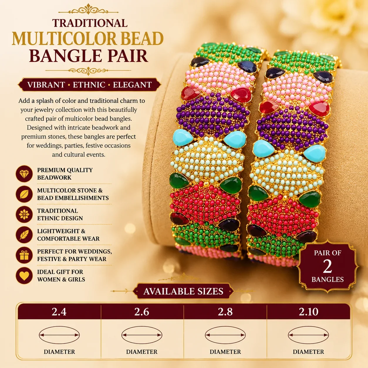 Luxury Multicolor Beaded Cuff Bracelet Pair