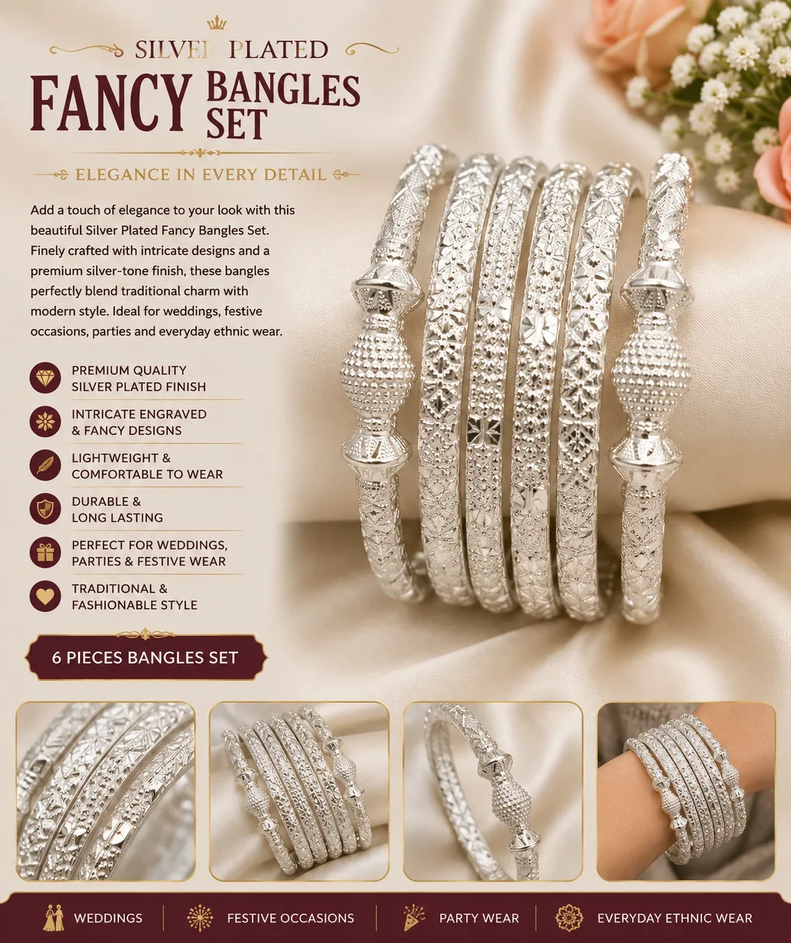 Silver Plated Fancy Bangles Set – Elegant Traditional Bracelet Collection