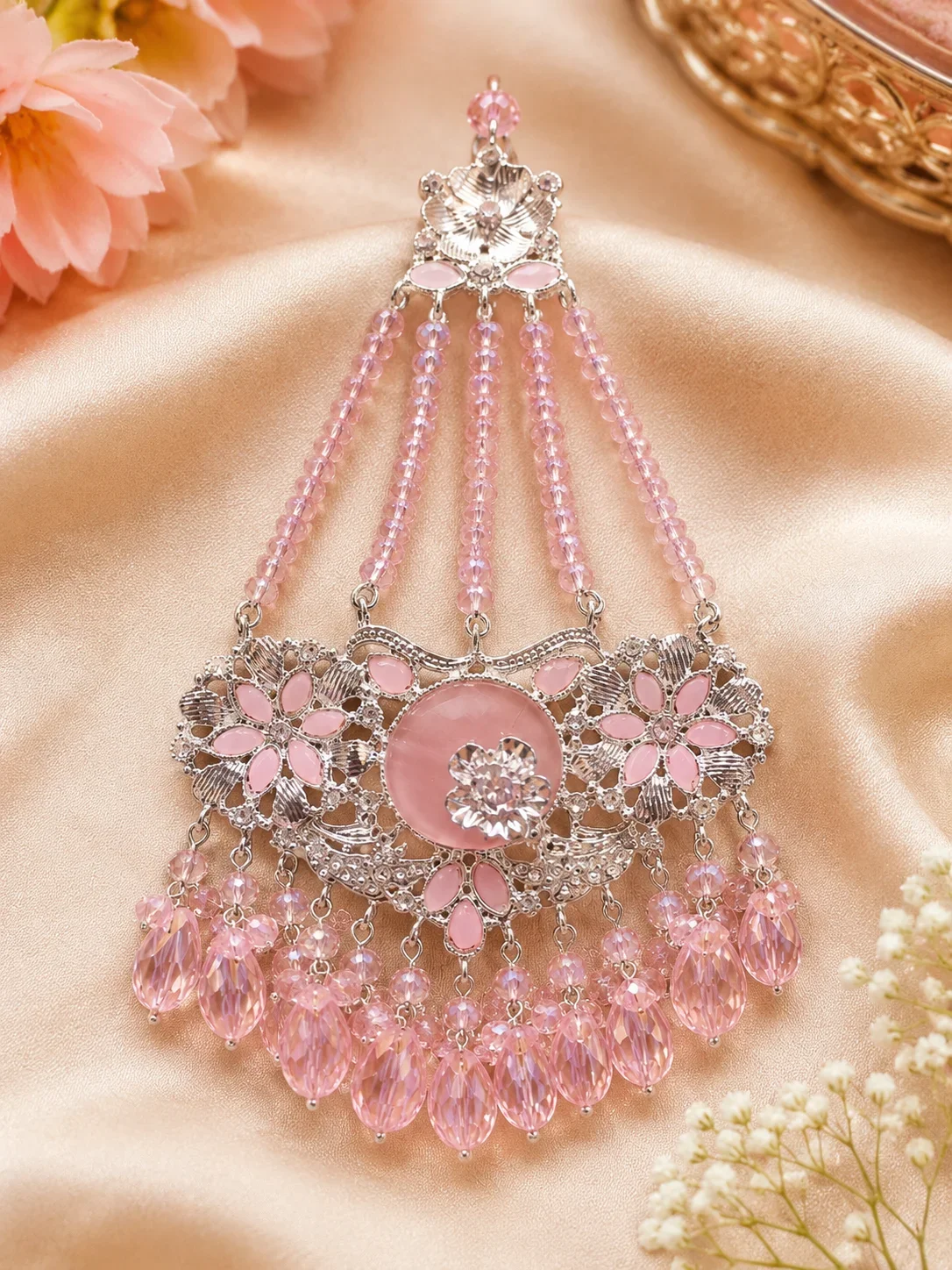 Elegant Pink Crystal Floral JHUMAR