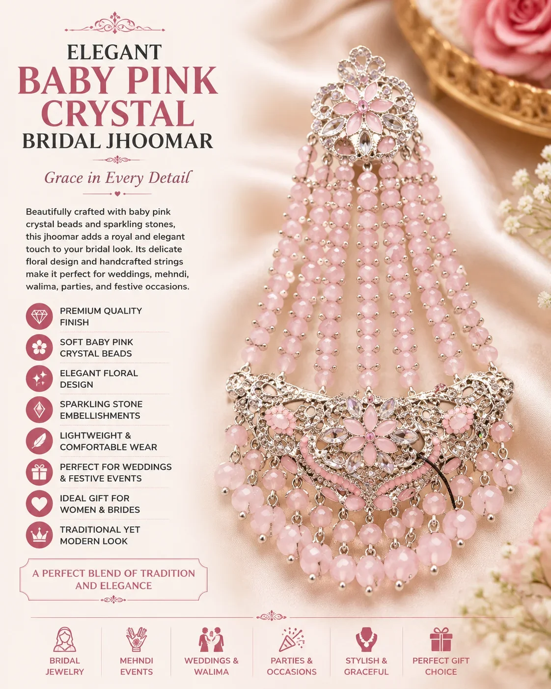 Elegant Baby Pink Crystal Bridal JhUmar