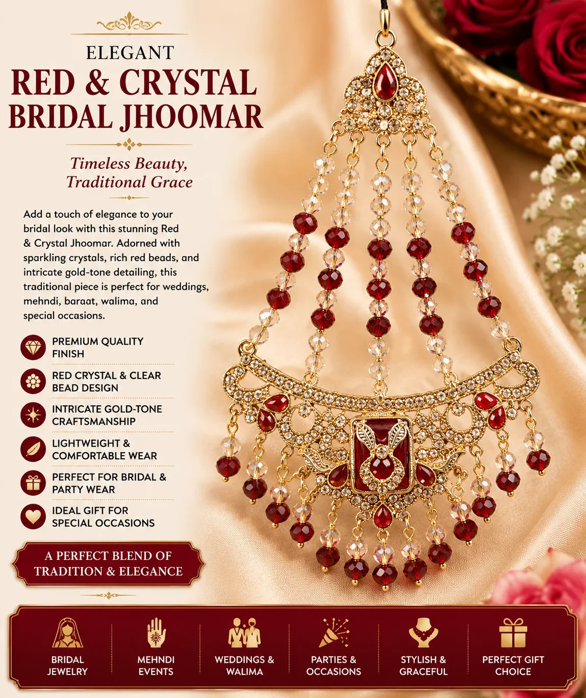 Elegant Red & Crystal Bridal Jhoomar