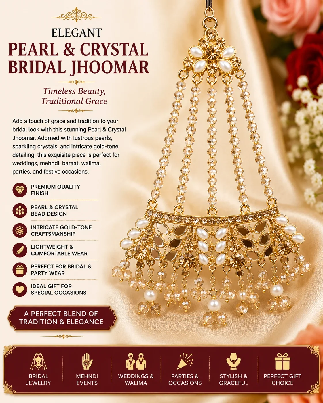 Elegant Pearl & Crystal Bridal Jhoomar