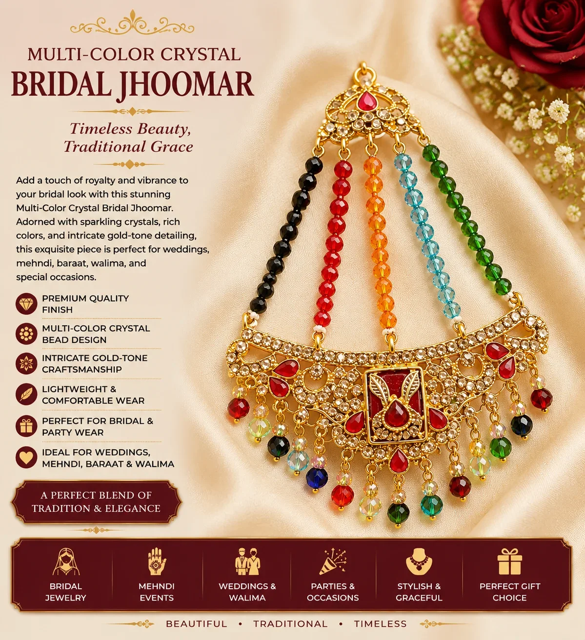 Multi-Color Crystal Bridal Jhoomar