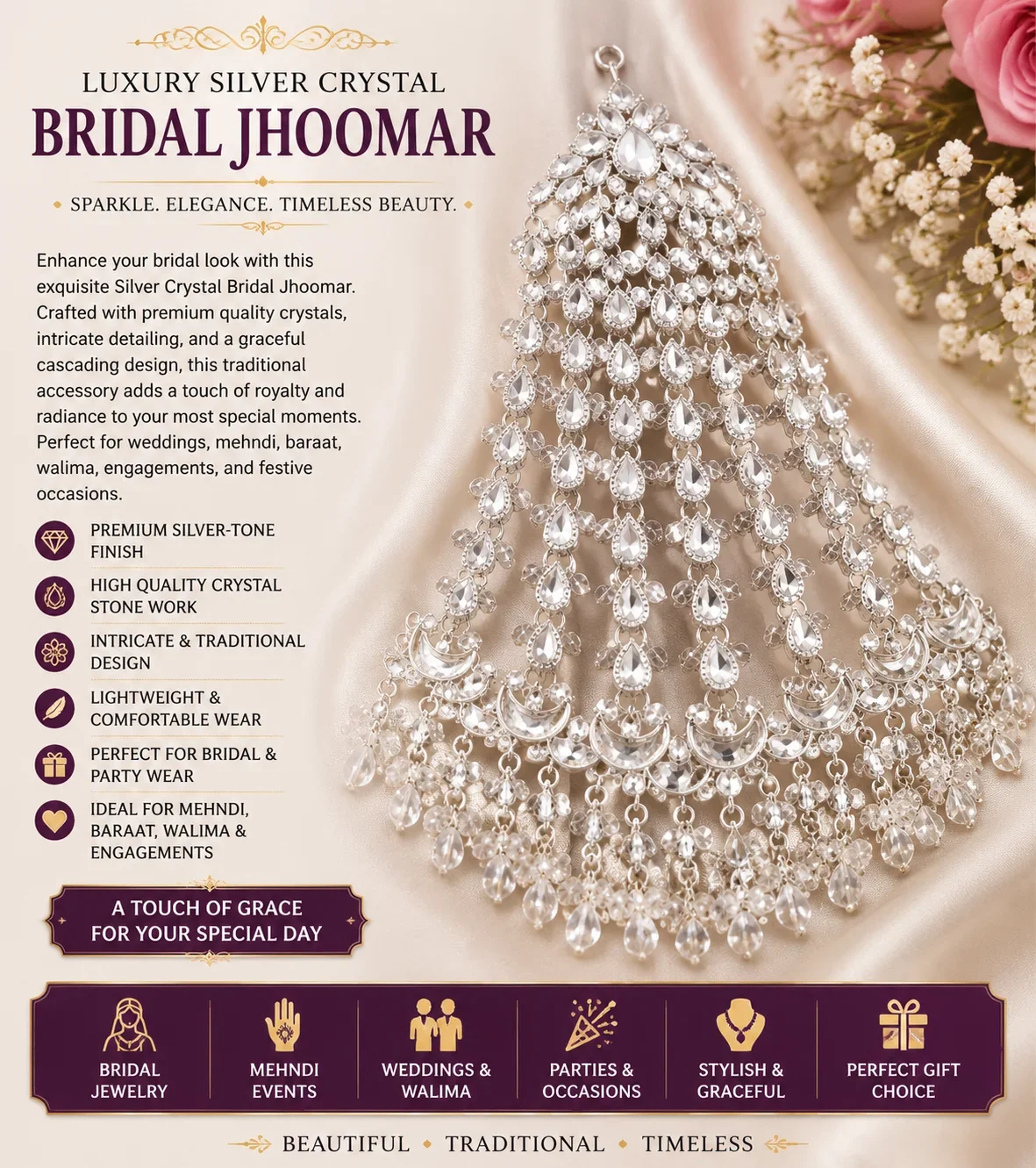 Luxury Silver Crystal Bridal Jhoomar