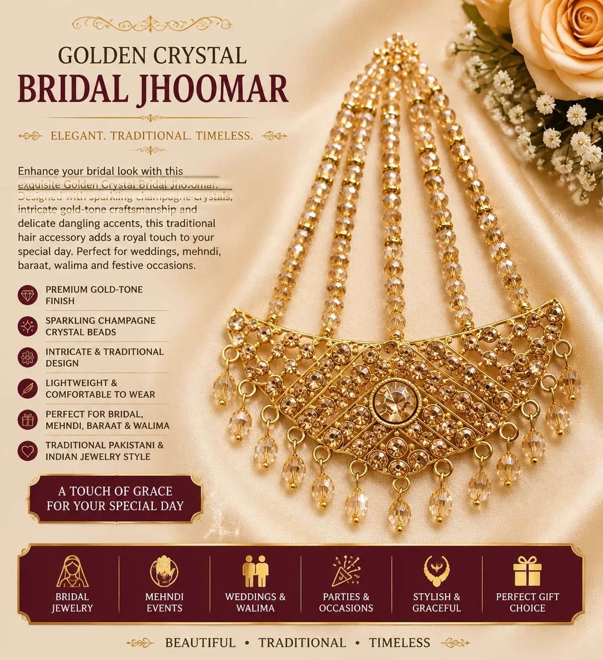 Golden Crystal Bridal Jhoomar