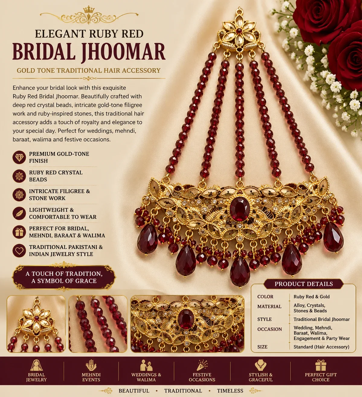Elegant Ruby Red Bridal Jhoomar