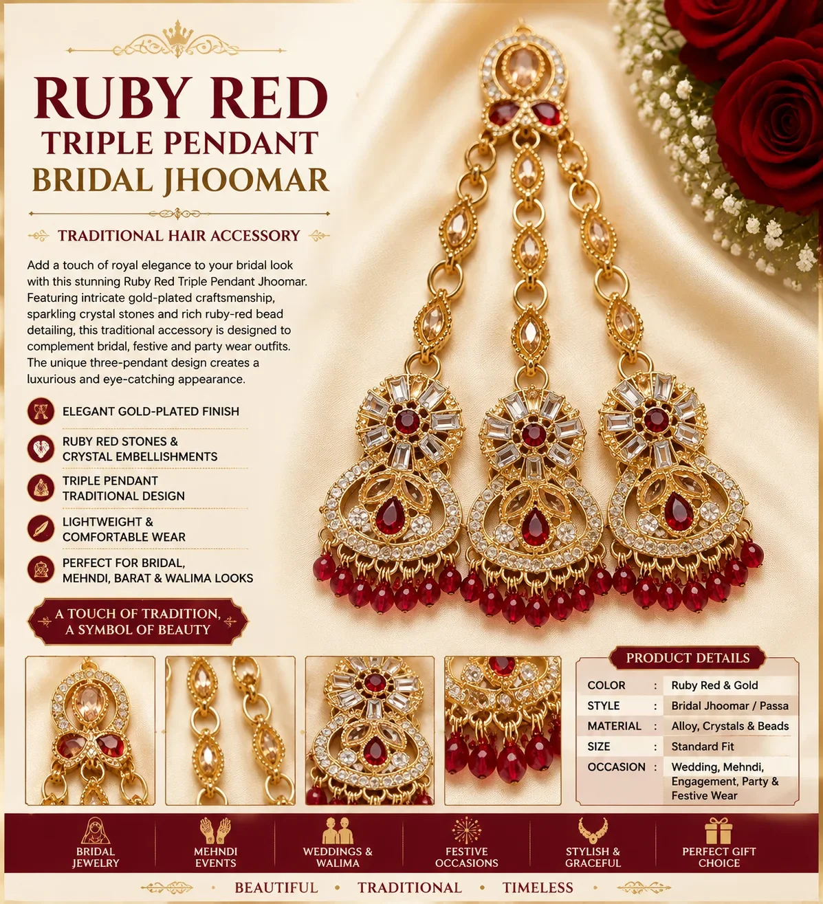 Ruby Red Triple Pendant Bridal Jhoomar