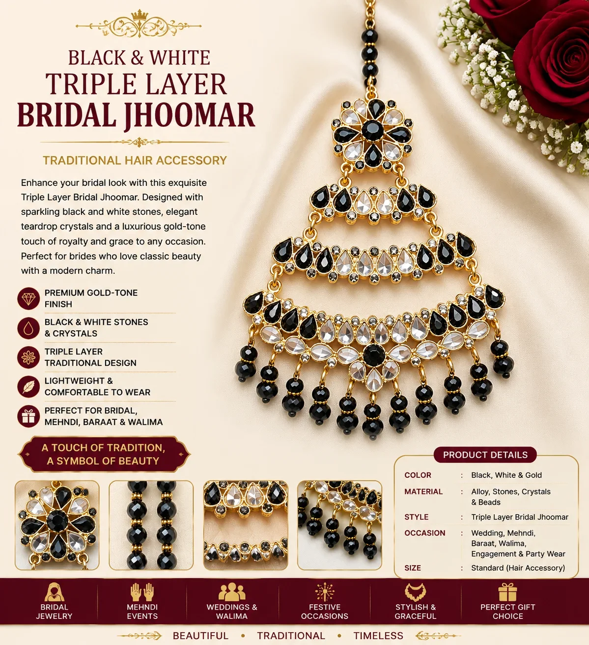 Black & White Triple Layer Bridal Jhoomar