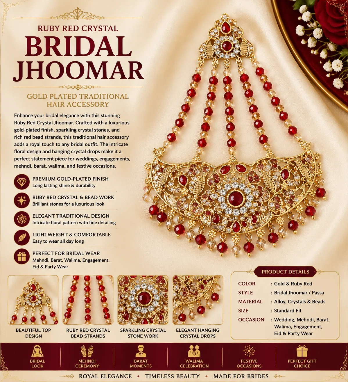 Ruby Red Crystal Bridal Jhoomar