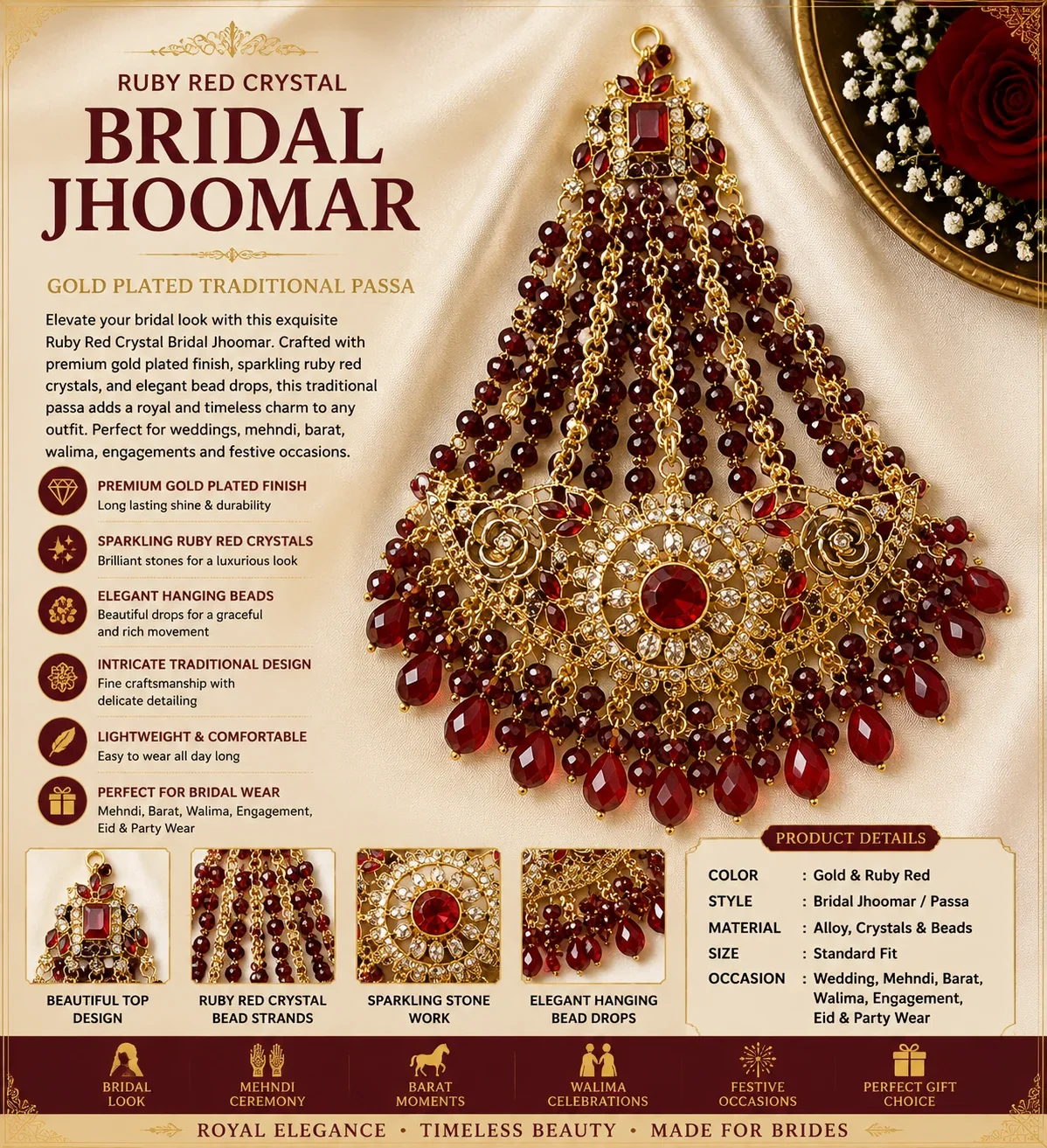 Ruby Red Crystal Bridal Jhoomar