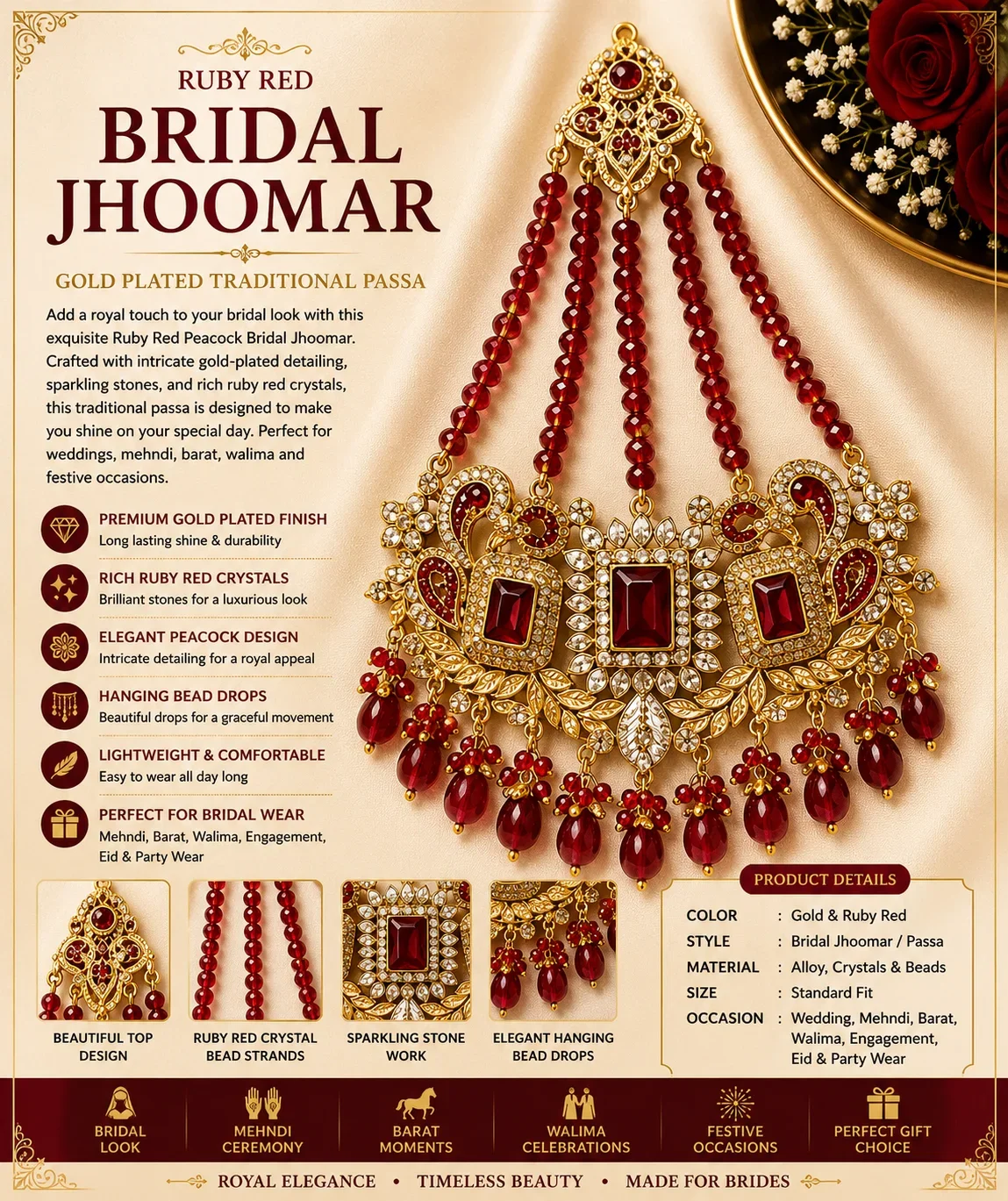 Ruby Red Peacock Bridal Jhoomar