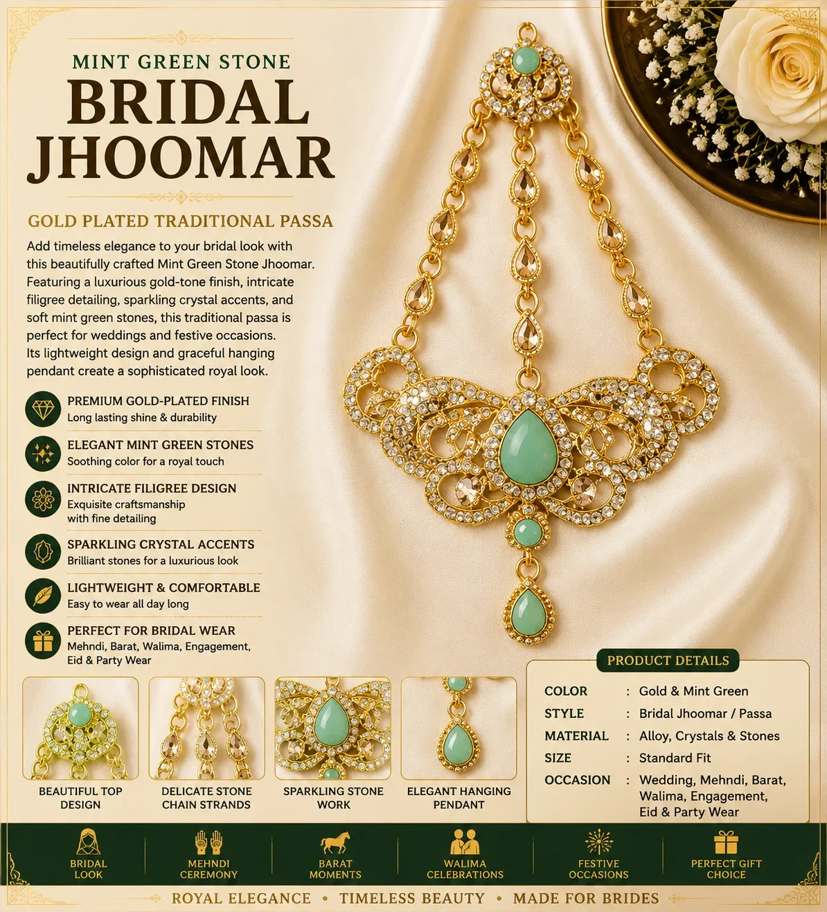 Mint Green Stone Traditional Bridal Jhoomar – Gold Plated Designer Passa