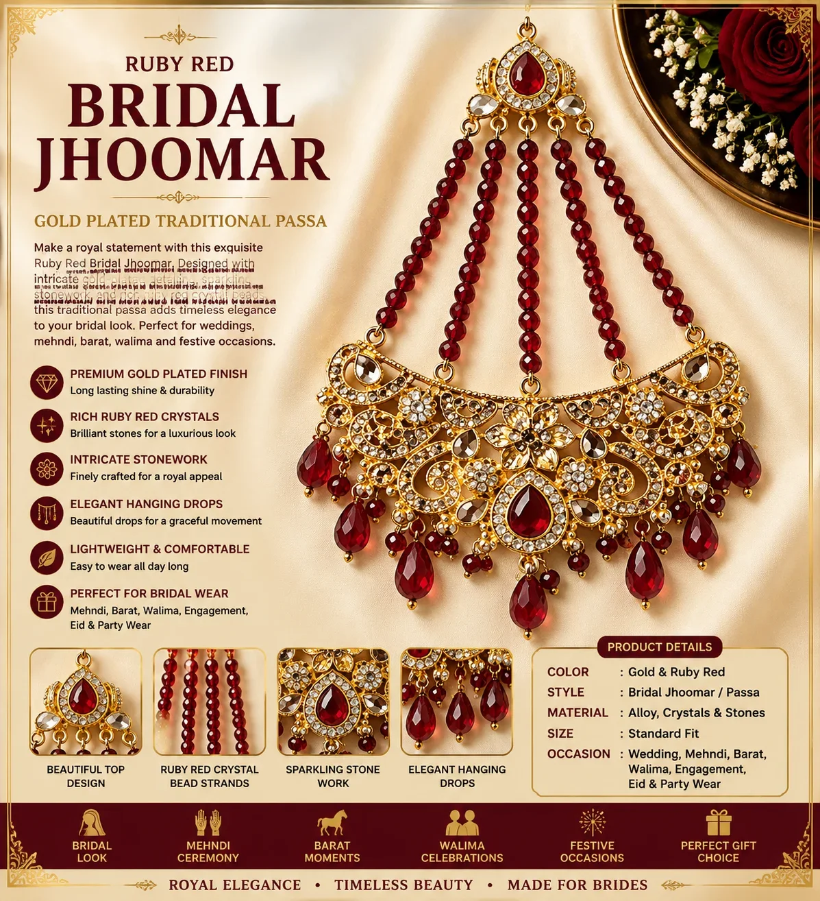 Ruby Red Bridal Jhoomar – Luxury Gold Plated Passa for Weddings