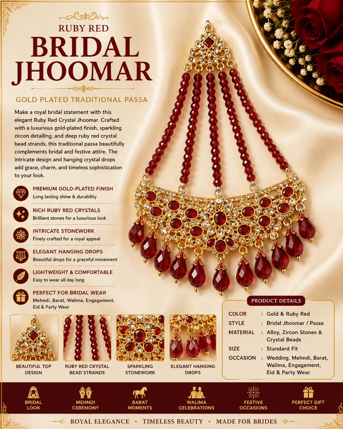 Ruby Red Crystal Bridal Jhoomar – Gold Plated Traditional Passa