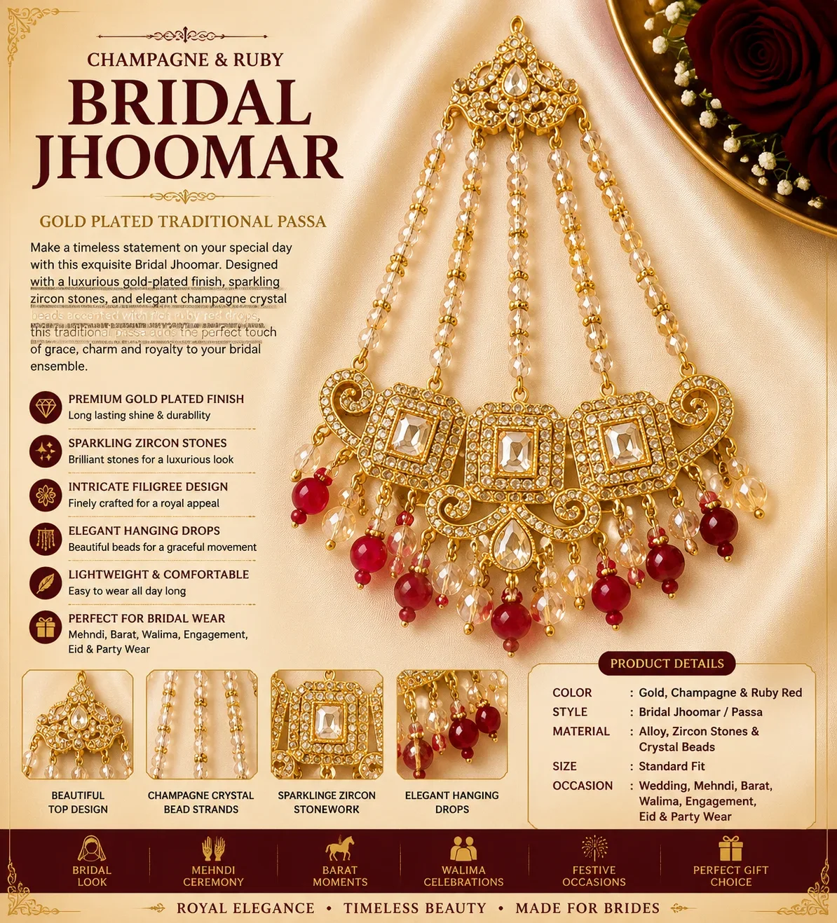Champagne Crystal & Ruby Bead Bridal Jhoomar – Luxury Gold Plated Passa