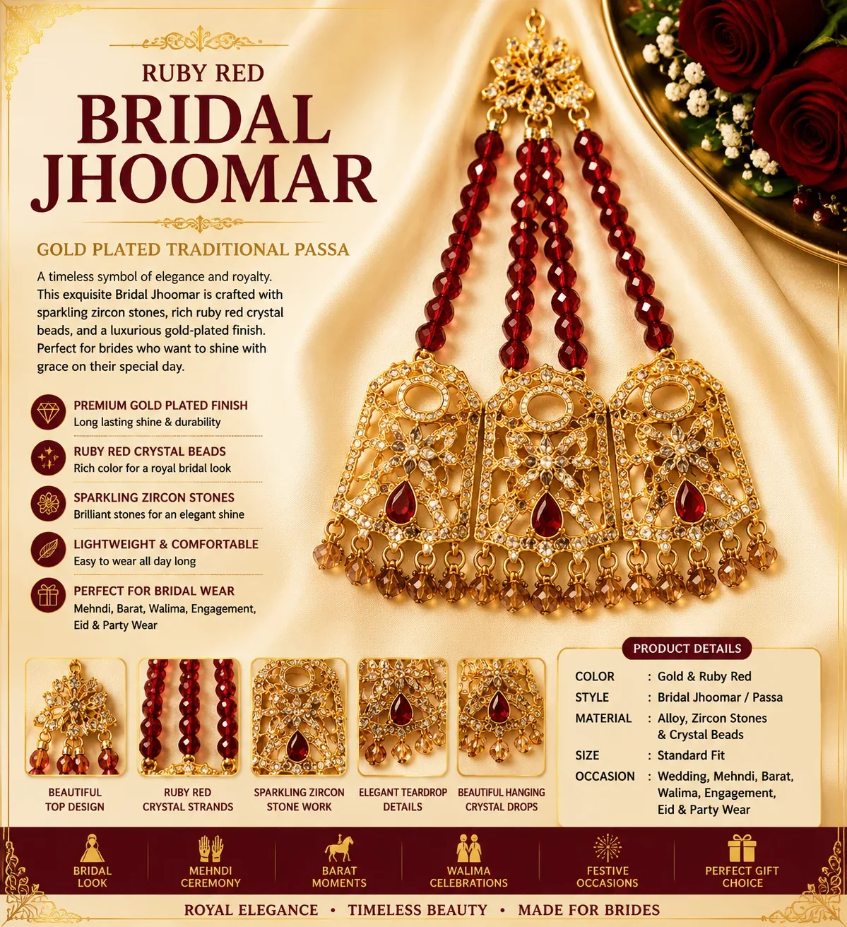 Ruby Red Crystal Bridal Jhoomar Passa – Gold Plated Traditional Headpiece