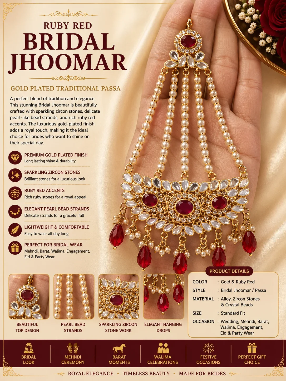 Ruby Red & Pearl Bridal Jhoomar Passa – Gold Plated Traditional Headpiece