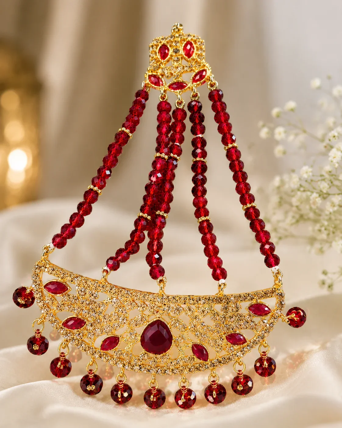 Ruby Red Bridal Jhoomar – Gold Plated Traditional Headpiece