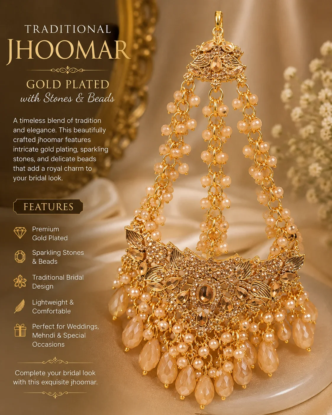 Elegant Golden Jhoomar with Beige Crystal Drops