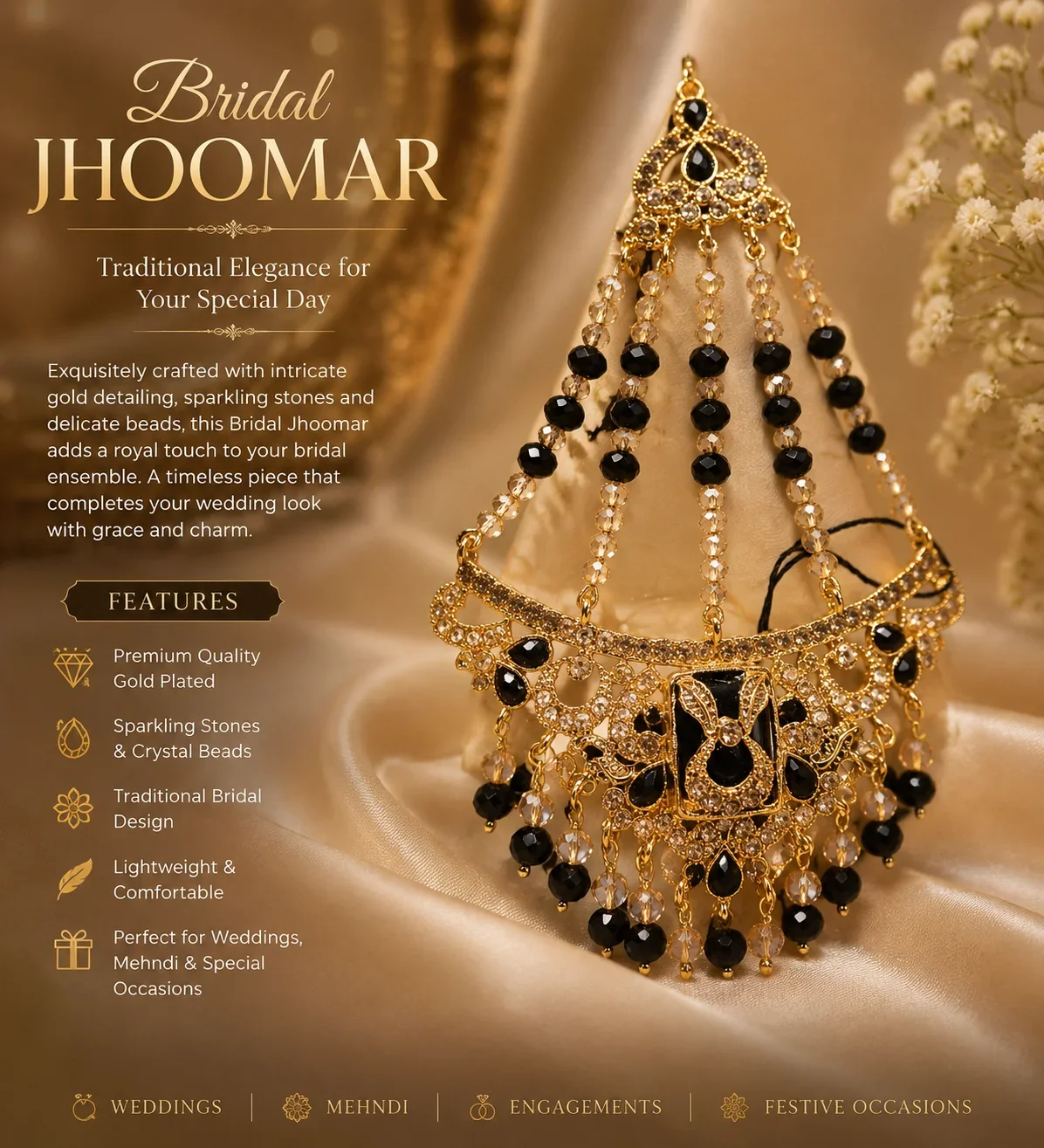 Elegant Black Stone Bridal Jhoomer – Traditional Wedding Jewelry