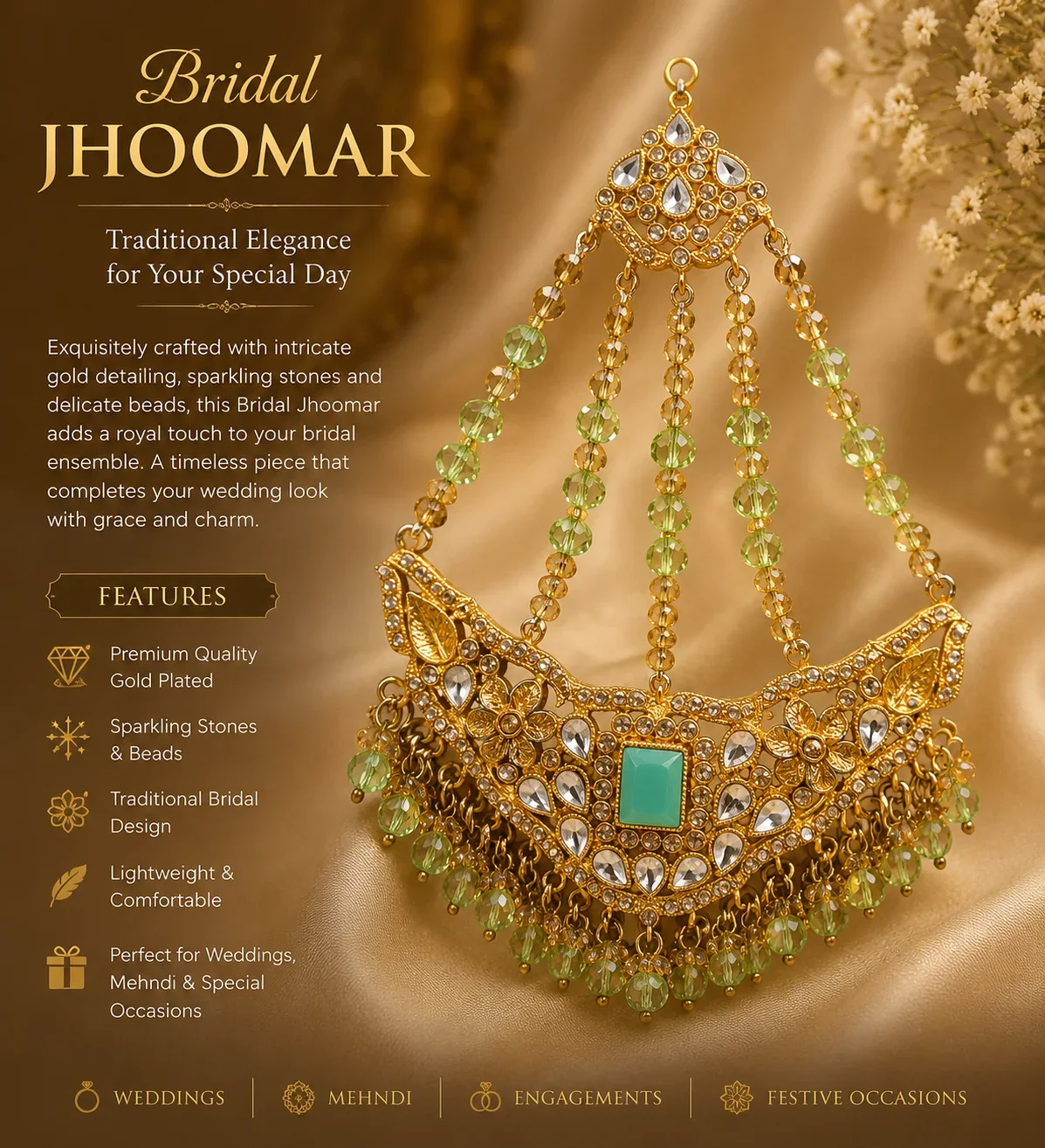 Mint Green Stone Bridal Jhoomar – Traditional Gold Plated Wedding Headpiece