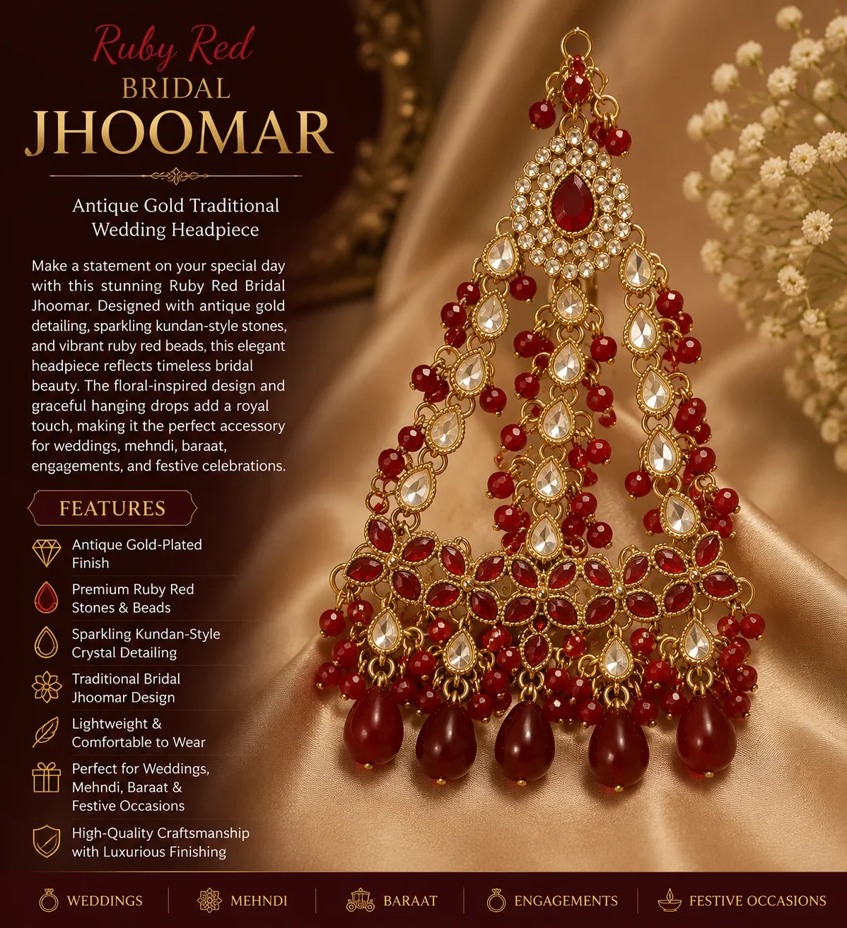 Ruby Red Bridal Jhoomar – Antique Gold Traditional Wedding Headpiece