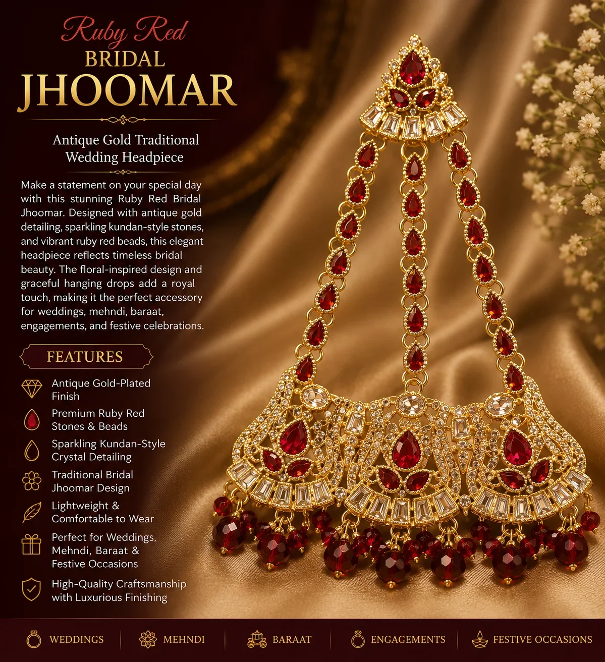 Elegant Red Bridal Jhumar with Gold Detailing