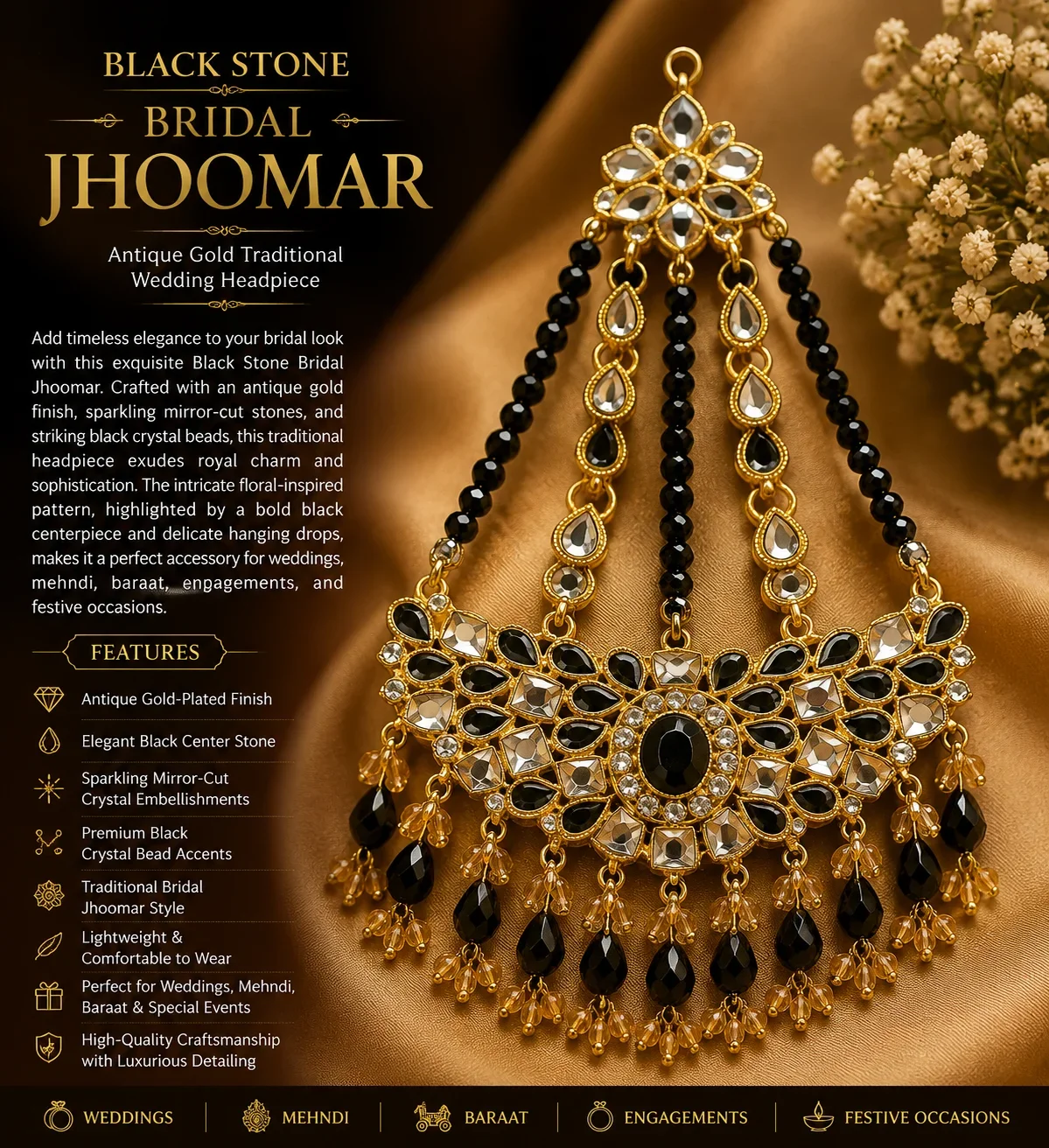 Black Stone Bridal Jhoomar – Antique Gold Traditional Wedding Headpiece