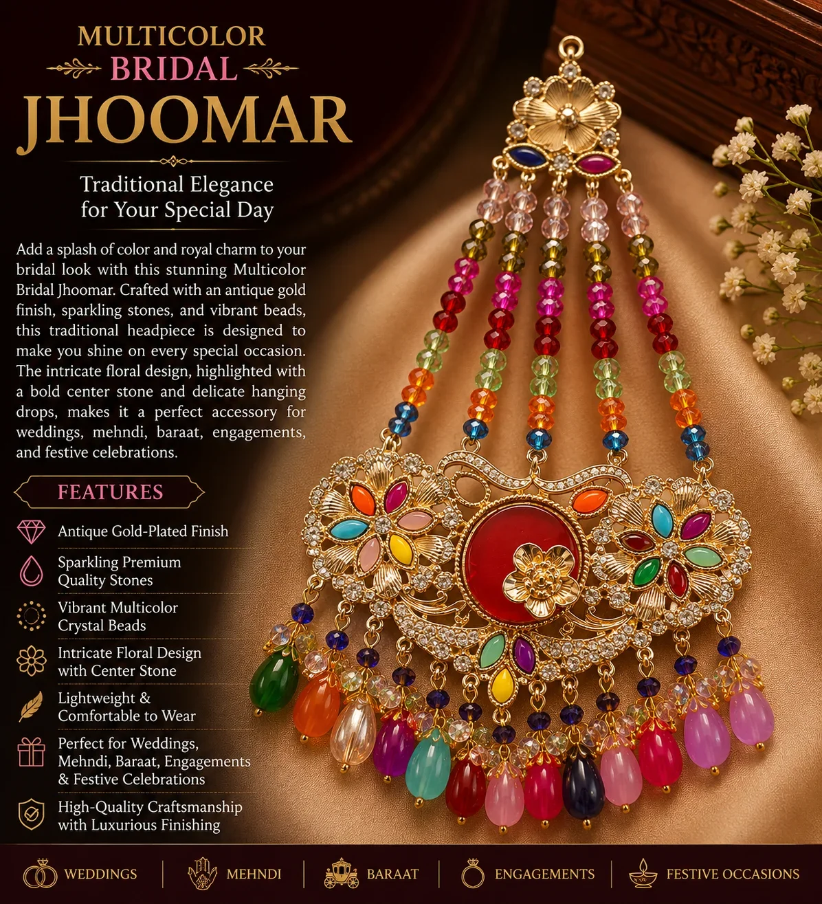 Multicolor Bridal jhumar with Gold Plating & Beaded Detailing