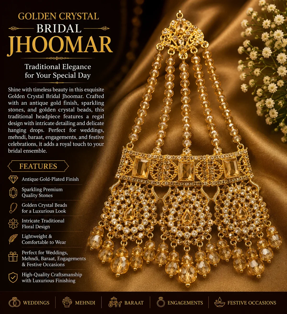 Elegant Golden Bridal Matha Patti with Crystal Detailing