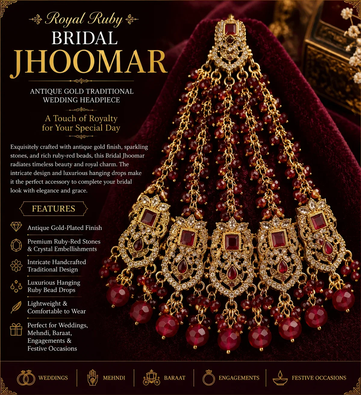 Royal Ruby Bridal Jhoomar – Antique Gold Traditional Wedding Headpiece