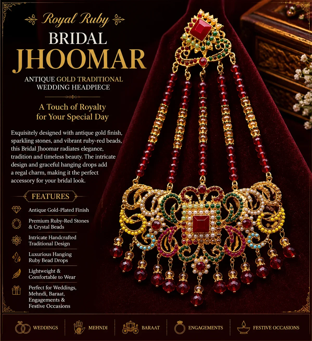 Multicolor Ruby Bridal Jhoomar – Antique Gold Traditional Wedding Headpiece