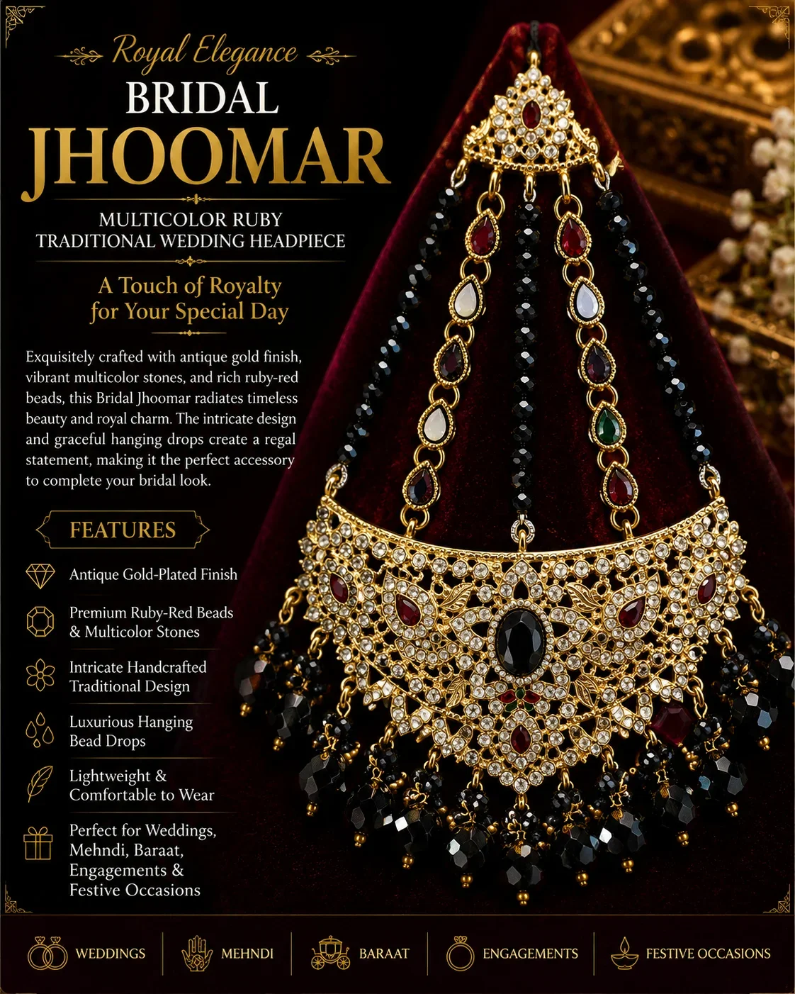 Elegant Black and Gold JHOOMAR with Intricate Gem Detailing