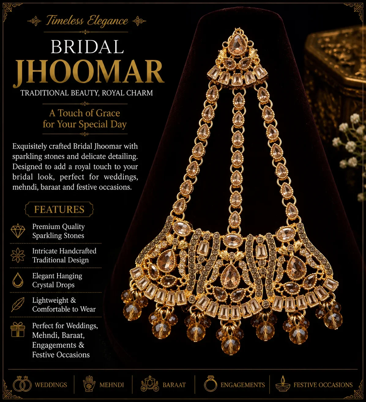 Champagne Crystal Bridal Jhoomar – Antique Gold Wedding Headpiece