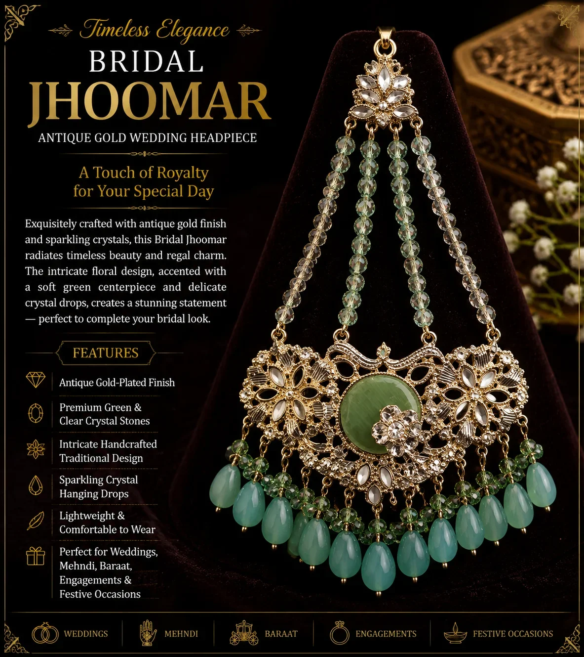 Bridal Jhoomar – Silver Tone Crystal & Mint Green Stone Traditional Headpiece