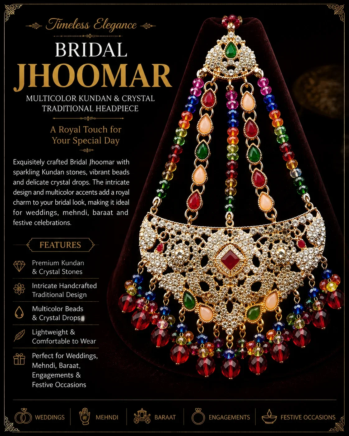 Exquisite Multicolor Kundan Matha Patti – Traditional Bridal Headpiece