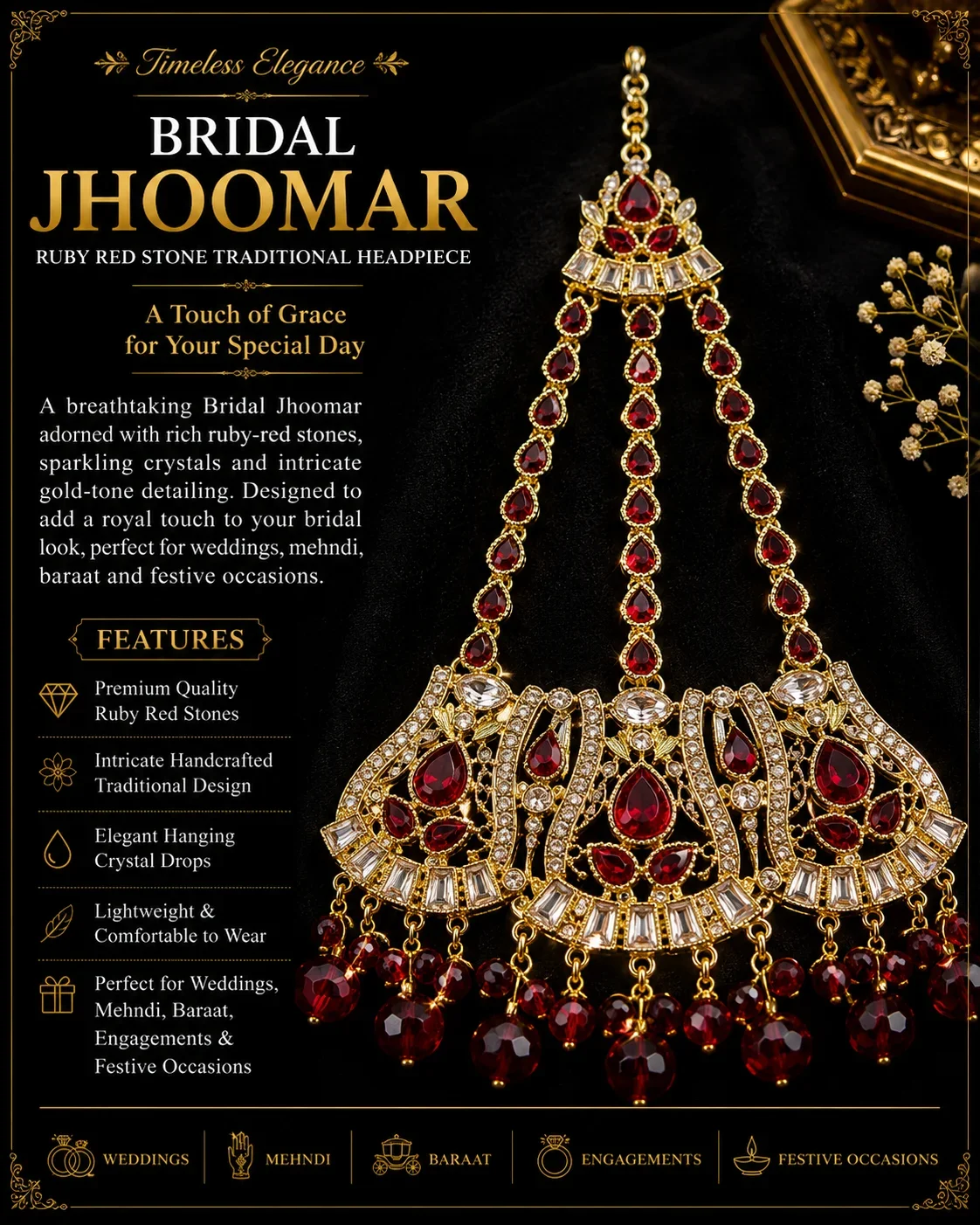 Bridal Jhoomar – Ruby Red Stone Traditional Headpiece