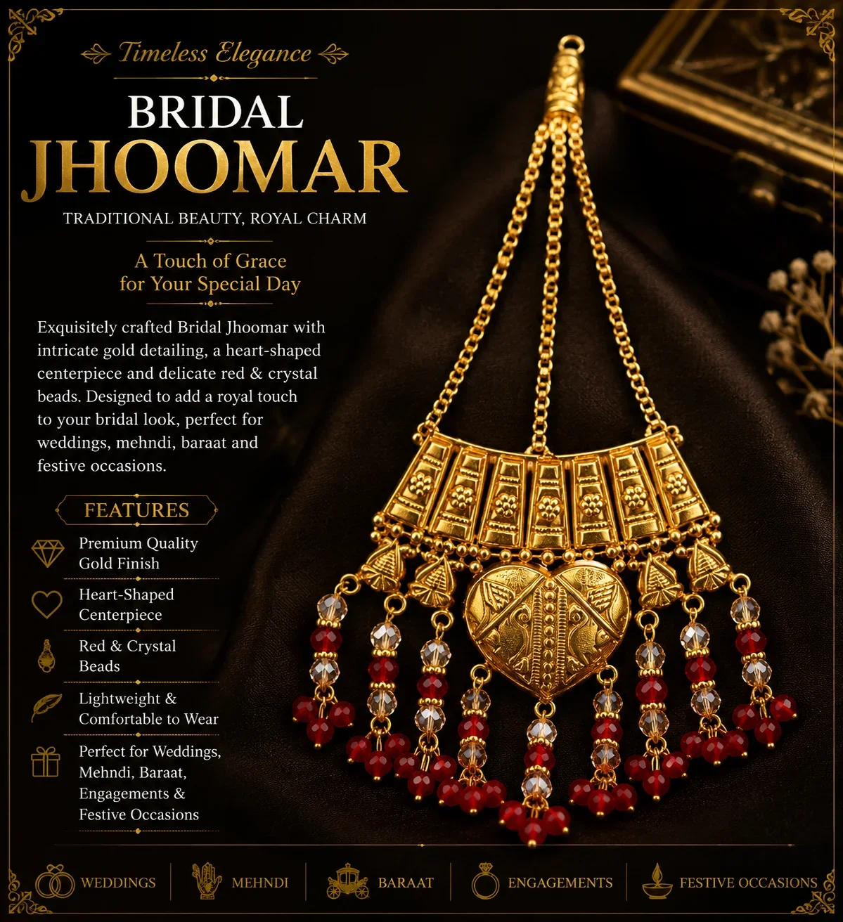 Bridal Gold Heart Design Jhoomar with Red Crystal Beads